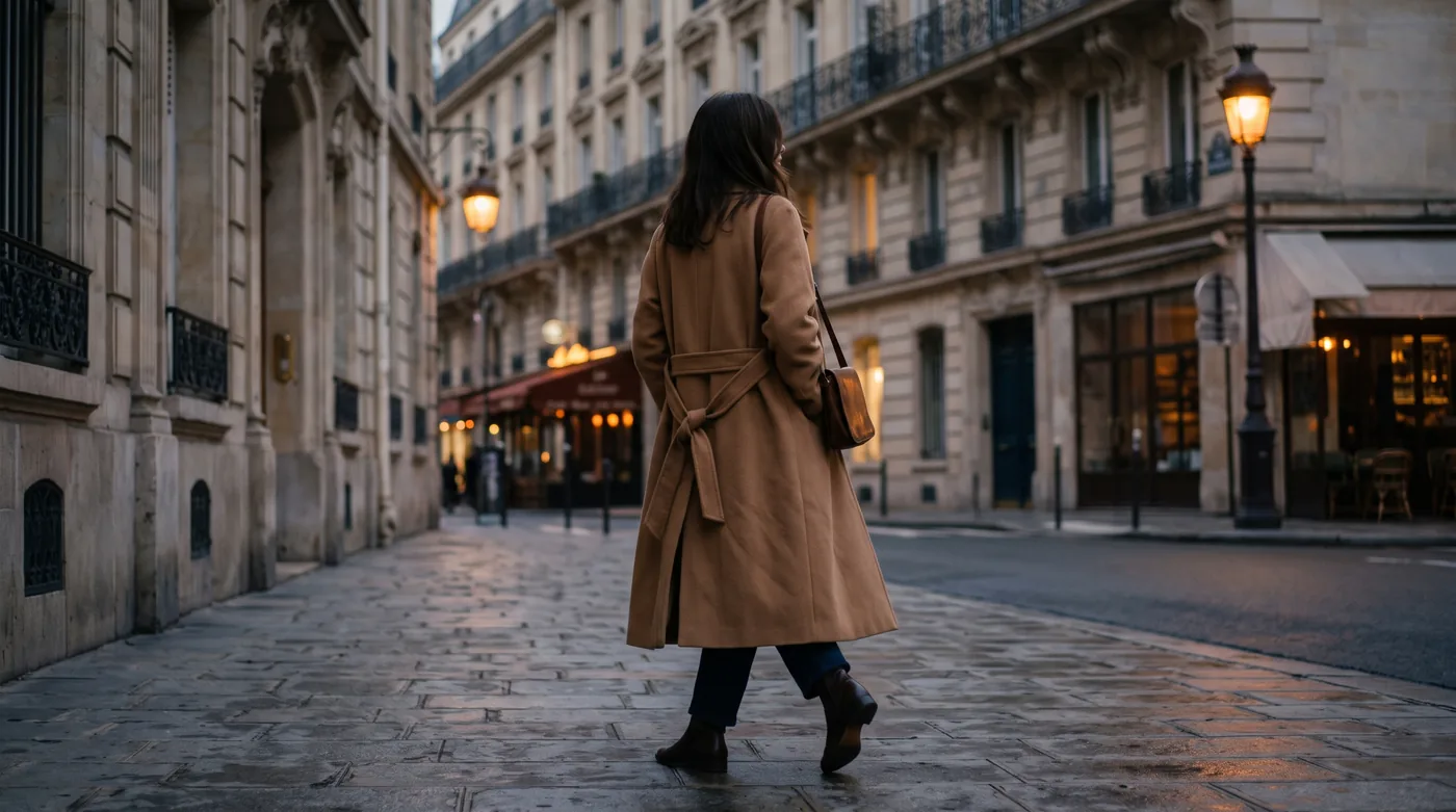 Manteau camel ceinturé dans une rue parisienne au crépuscule